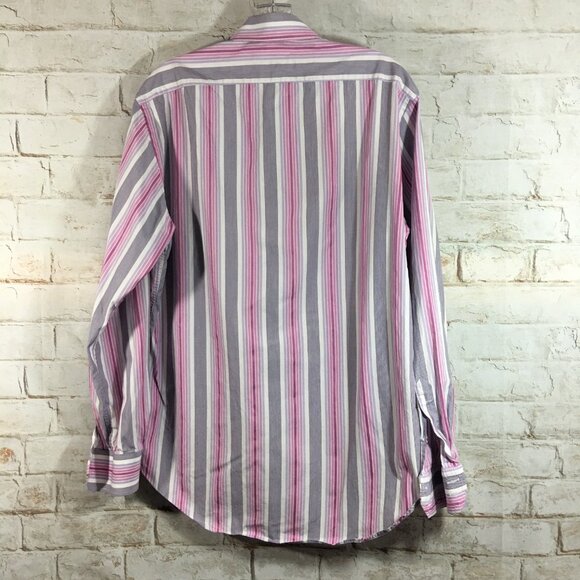 Zara Mens Size 16 Stripe Dress Long Sleeve Button Down Shirt Gray Pink Office - Picture 2 of 8